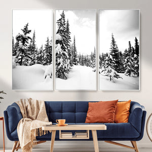 Black and White Snowy Pine Forest Wall Art Canvas Print,