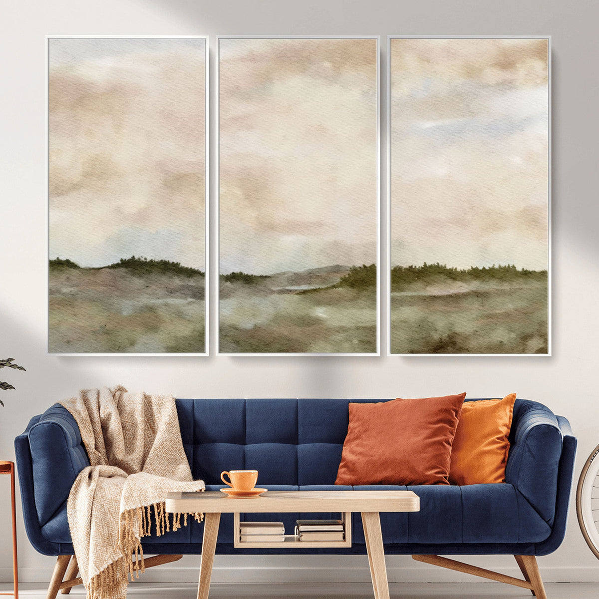 Muted Watercolor Hill Landscape Print — Beige Taupe Cloudy