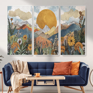 Boho Mountain Landscape Large Wall Art, Horizontal Gold