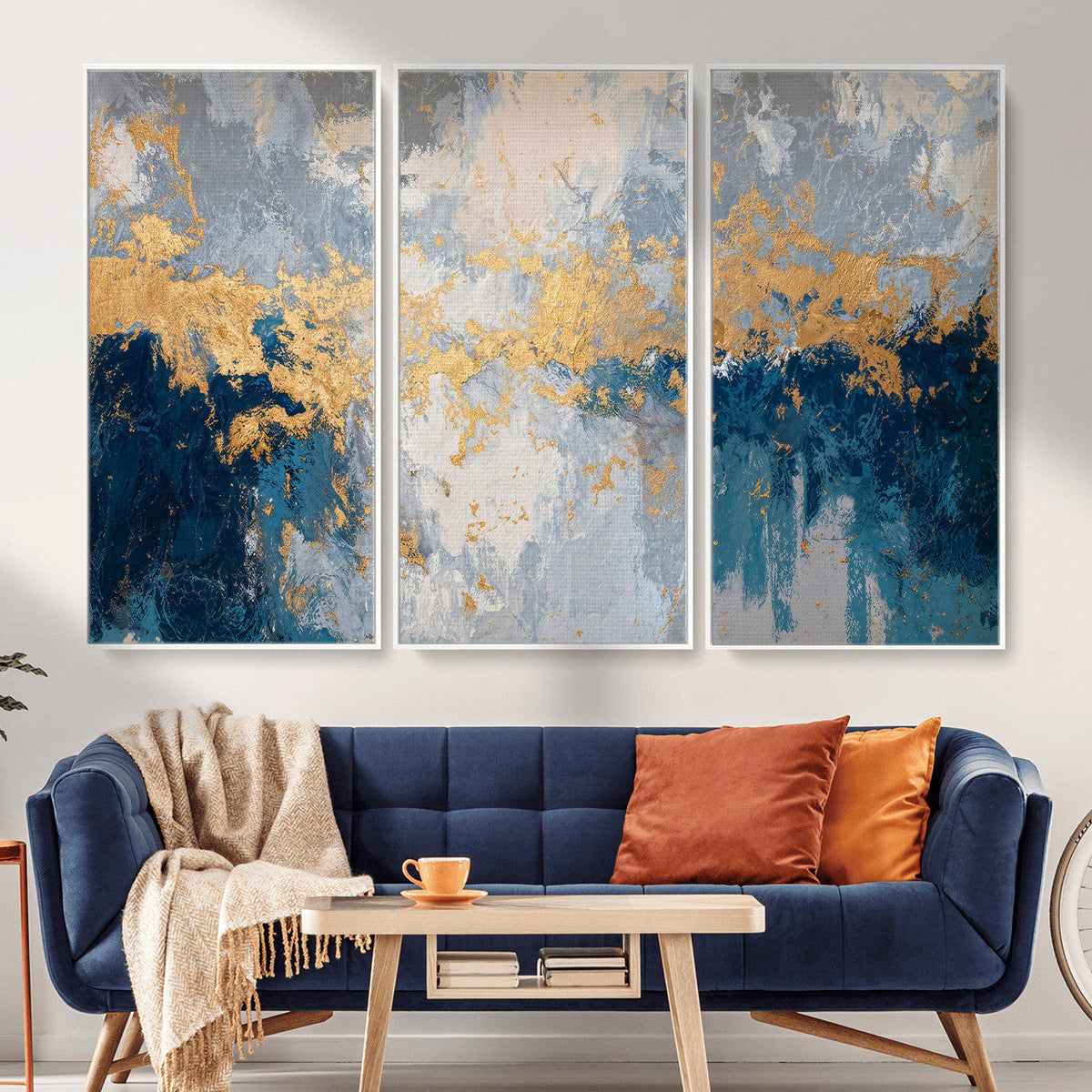 Blue Gold Abstract Large Framed Canvas Wall Art, Modern