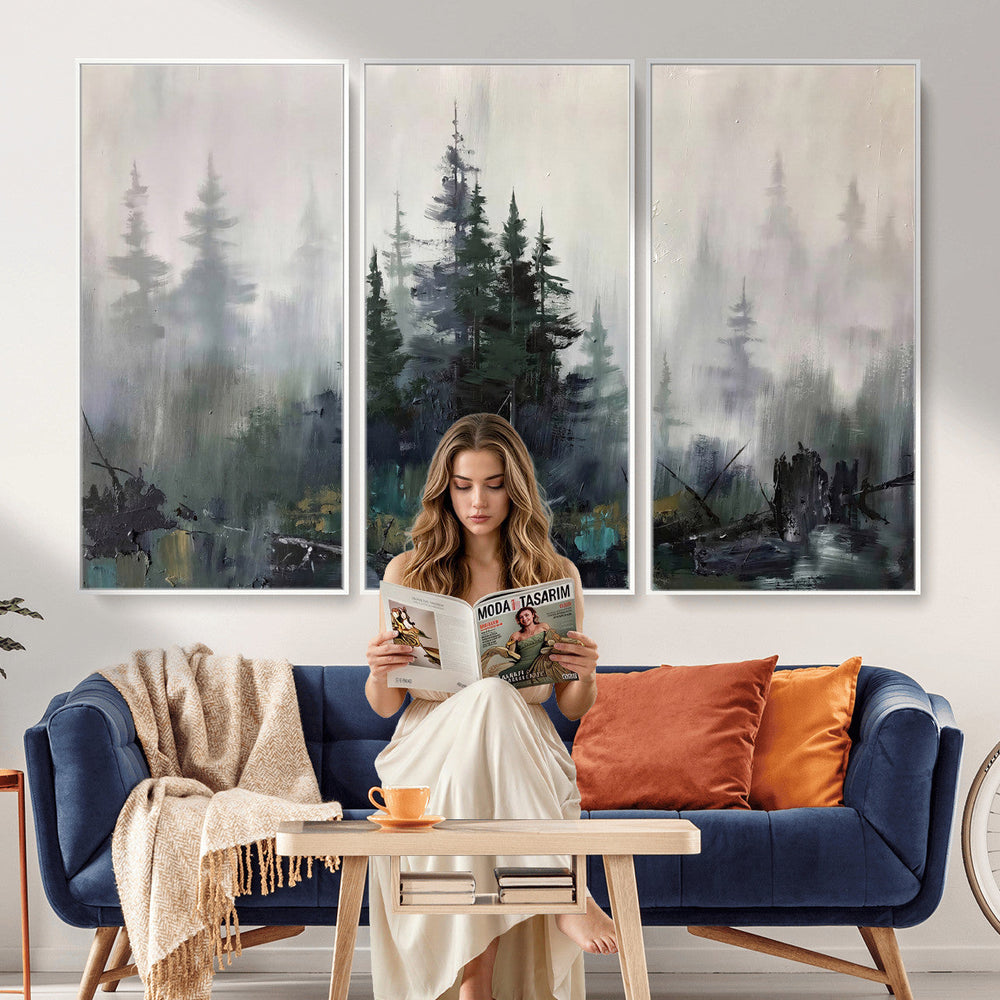 Misty Pine Forest Oil Painting Canvas — Dark Moody Teal Grey