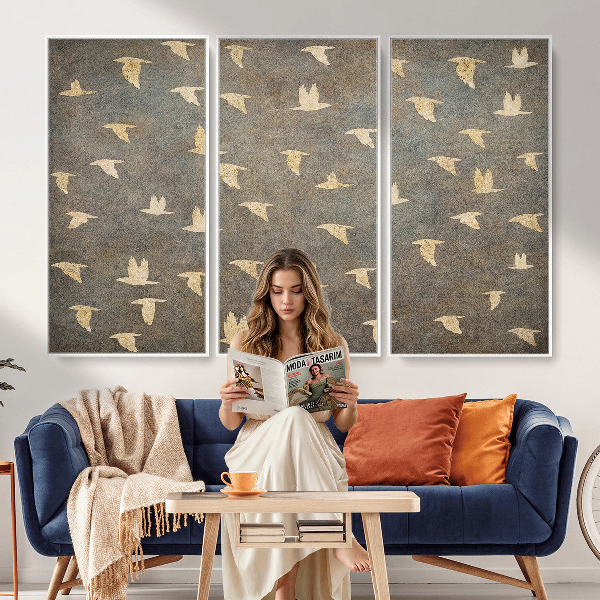Flying Birds Canvas Wall Art, Vintage Bird Flock Pattern
