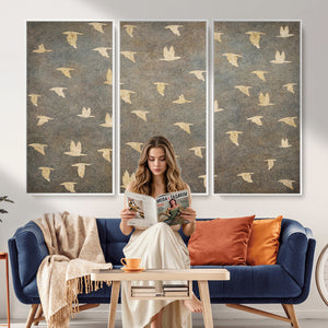 Flying Birds Canvas Wall Art, Vintage Bird Flock Pattern