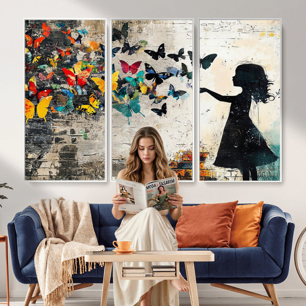 Banksy Butterfly Girl Wall Art Canvas Print, Framed Street