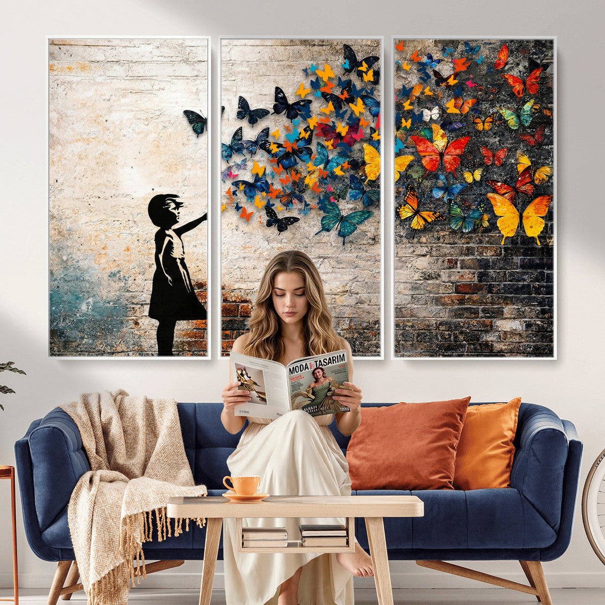 Banksy Graffiti Butterfly Girl Wall Art Canvas Print, Framed