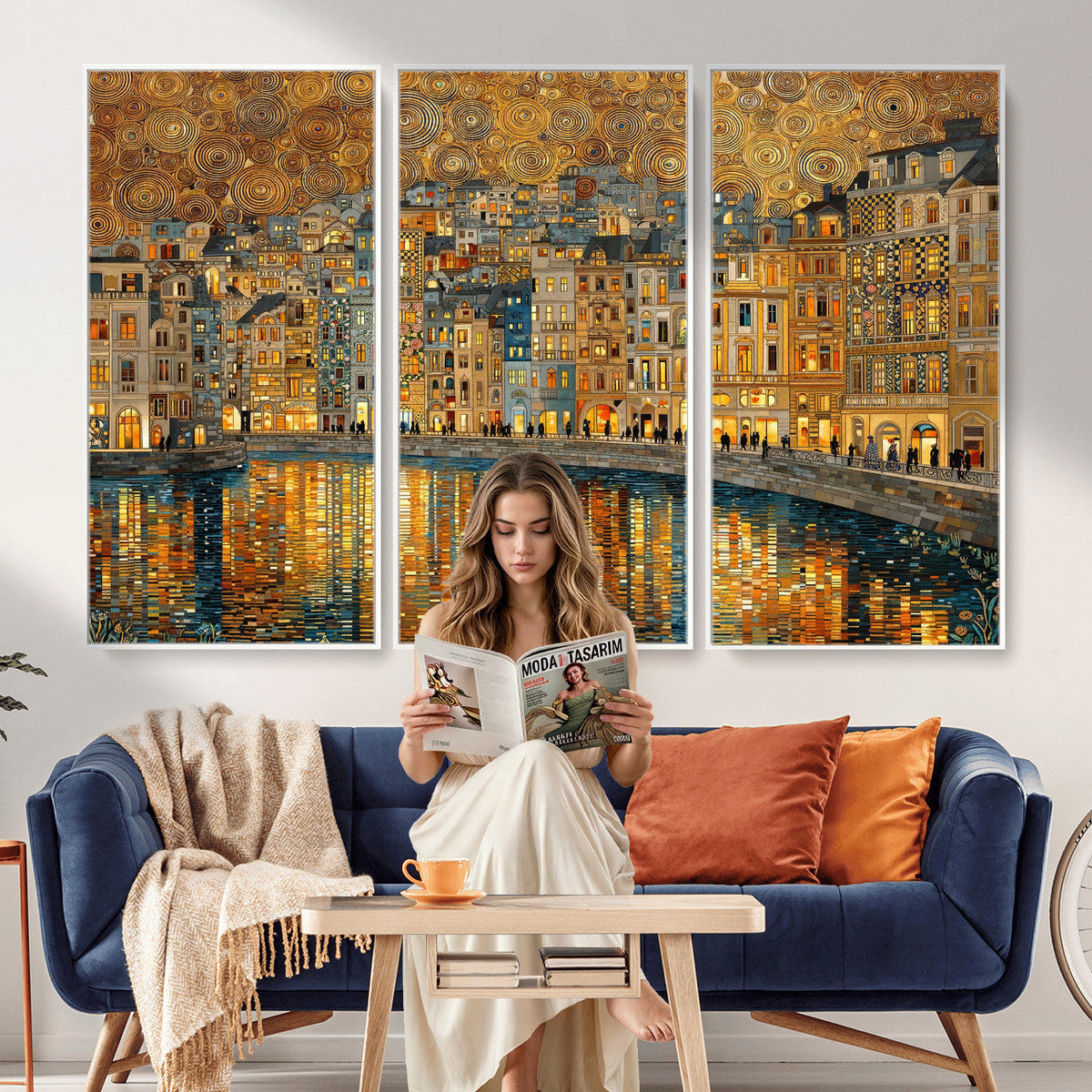 Gustav Klimt Golden Cityscape Wall Art Canvas Print, Framed