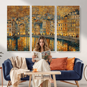 Gustav Klimt Golden Cityscape Wall Art Canvas Print, Framed