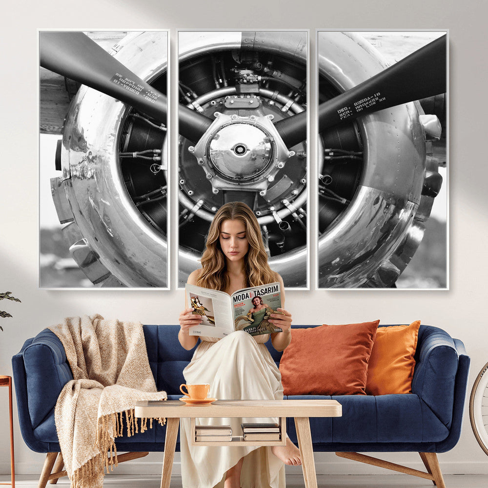Vintage Propeller Plane Wall Art Canvas Print, Black and