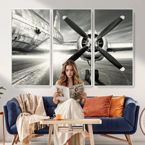 Vintage Airplane Wall Art Canvas Print, Black and White