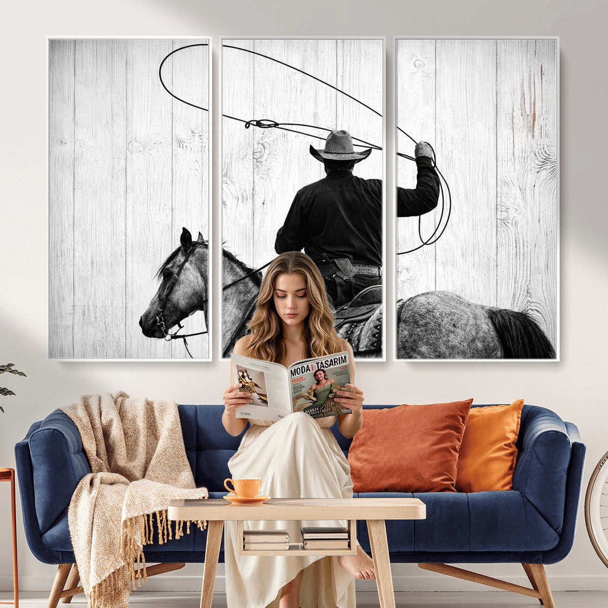 Cowboy Lasso Canvas Wall Art, Black White Western Horse