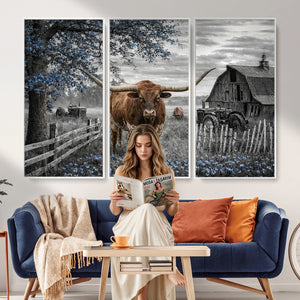 Texas Longhorn Canvas Wall Art, Rustic Farm Barn Bluebonnet