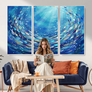 School of Fish Canvas Print | Blue Ocean Underwater Wall Art