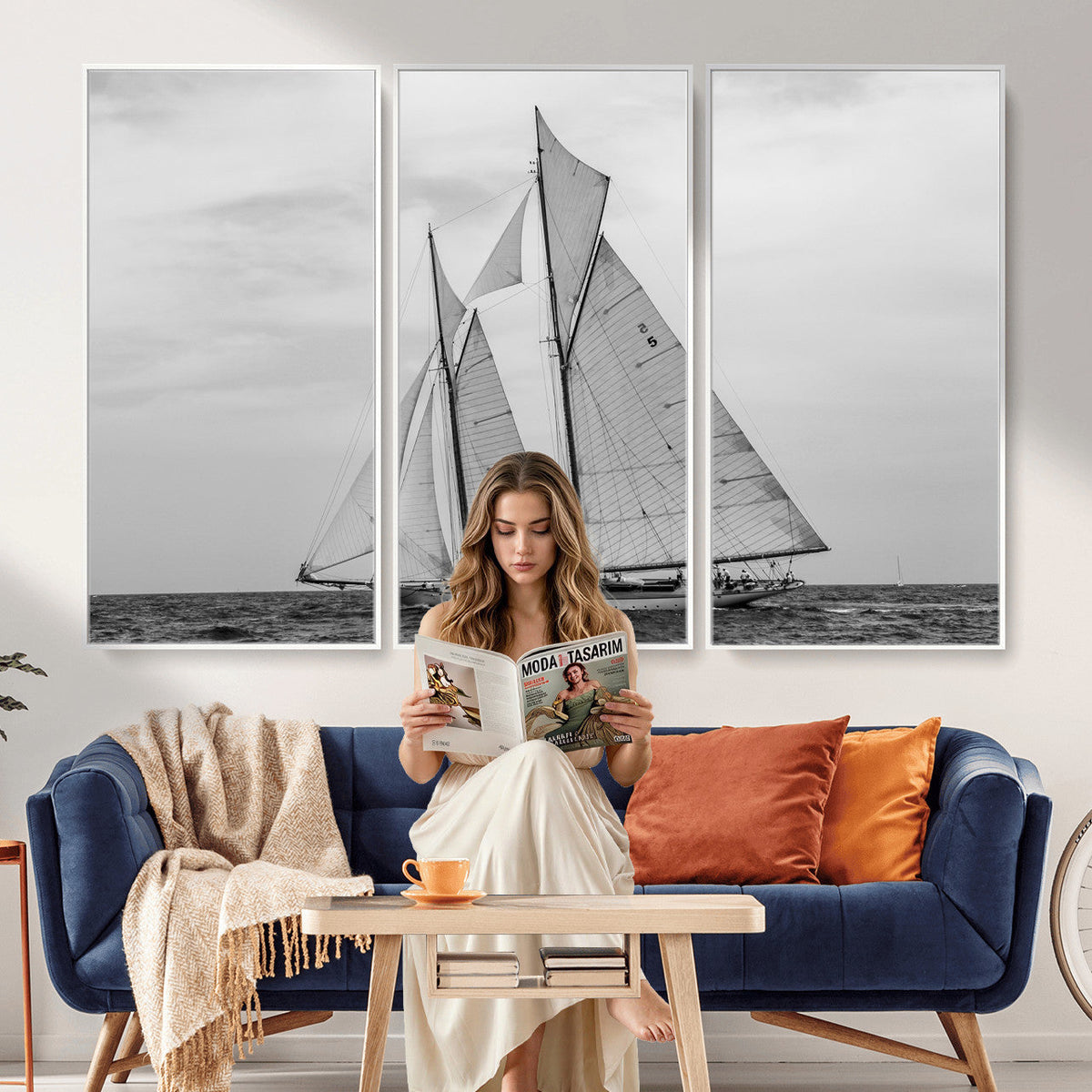 Vintage Sailboat Wall Art Canvas Print, Black and White