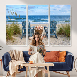 Large Beach Canvas Wall Art Coastal Adirondack Chairs Ocean