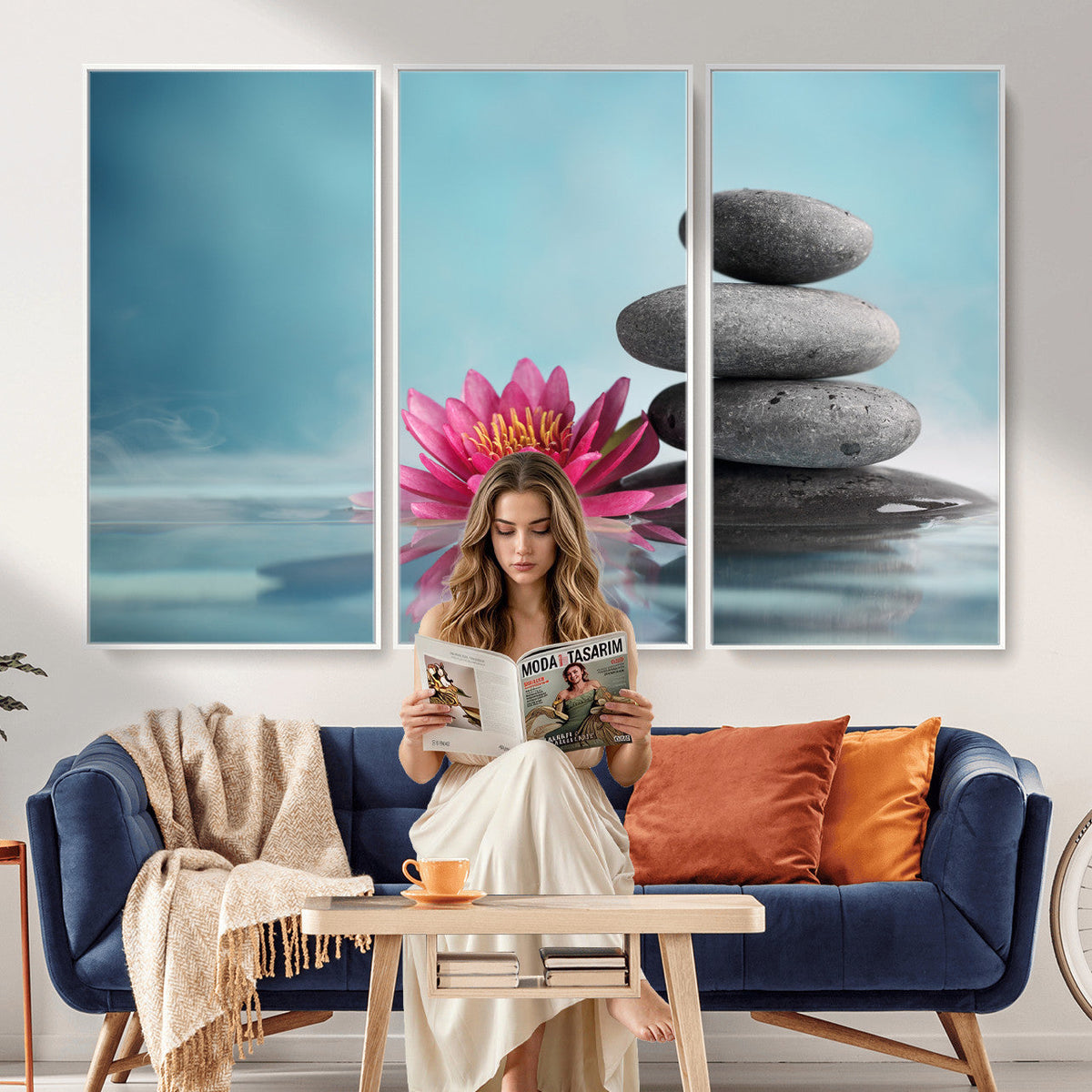 Zen Canvas Wall Art Lotus Flower Stacked Stones Teal Spa