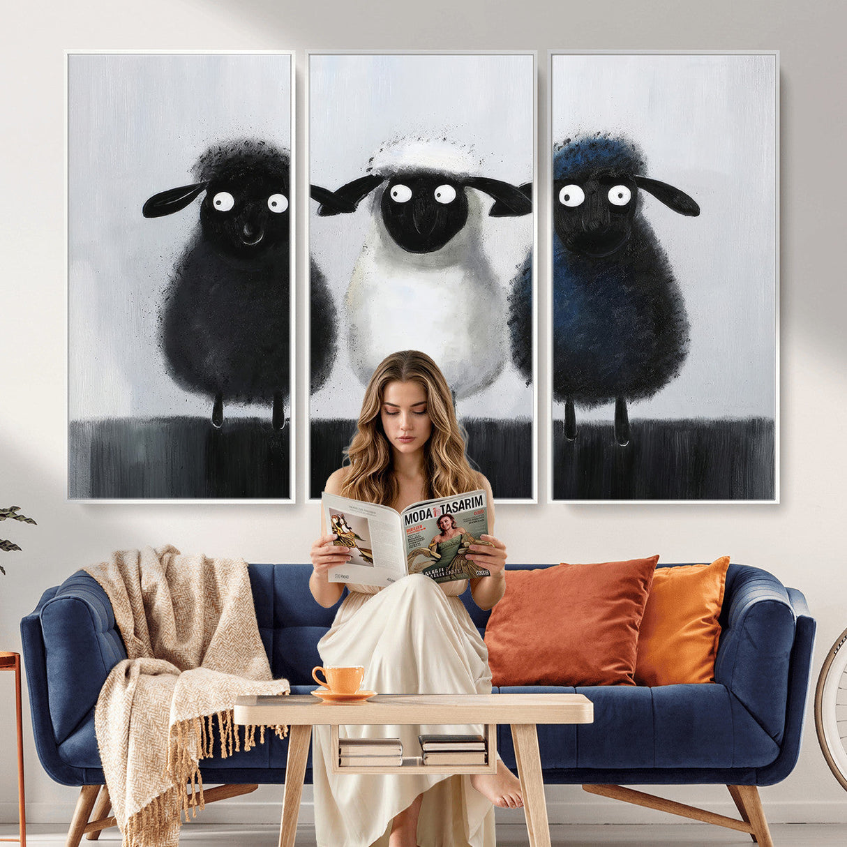 Funny Sheep Canvas Wall Art, Three Quirky Sheep Painting Print, Cute Animal Nursery Decor, Black White Navy Farmhouse Art, Kids Room Gift