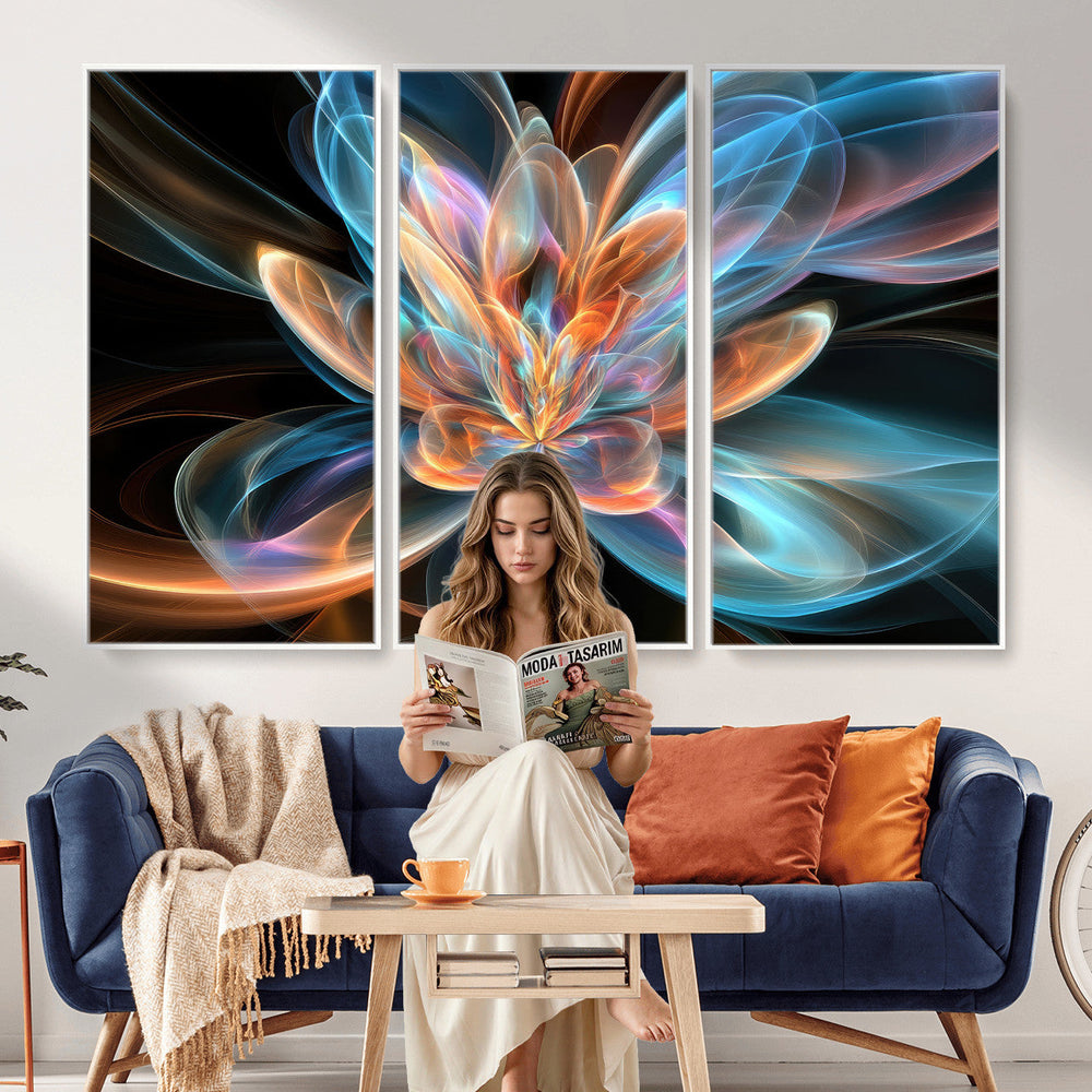 Fractal Lotus Canvas Wall Art, Blue Orange Glowing Flower Abstract Print, Modern Zen Meditation Room Decor, Ethereal Digital Art, Living Room