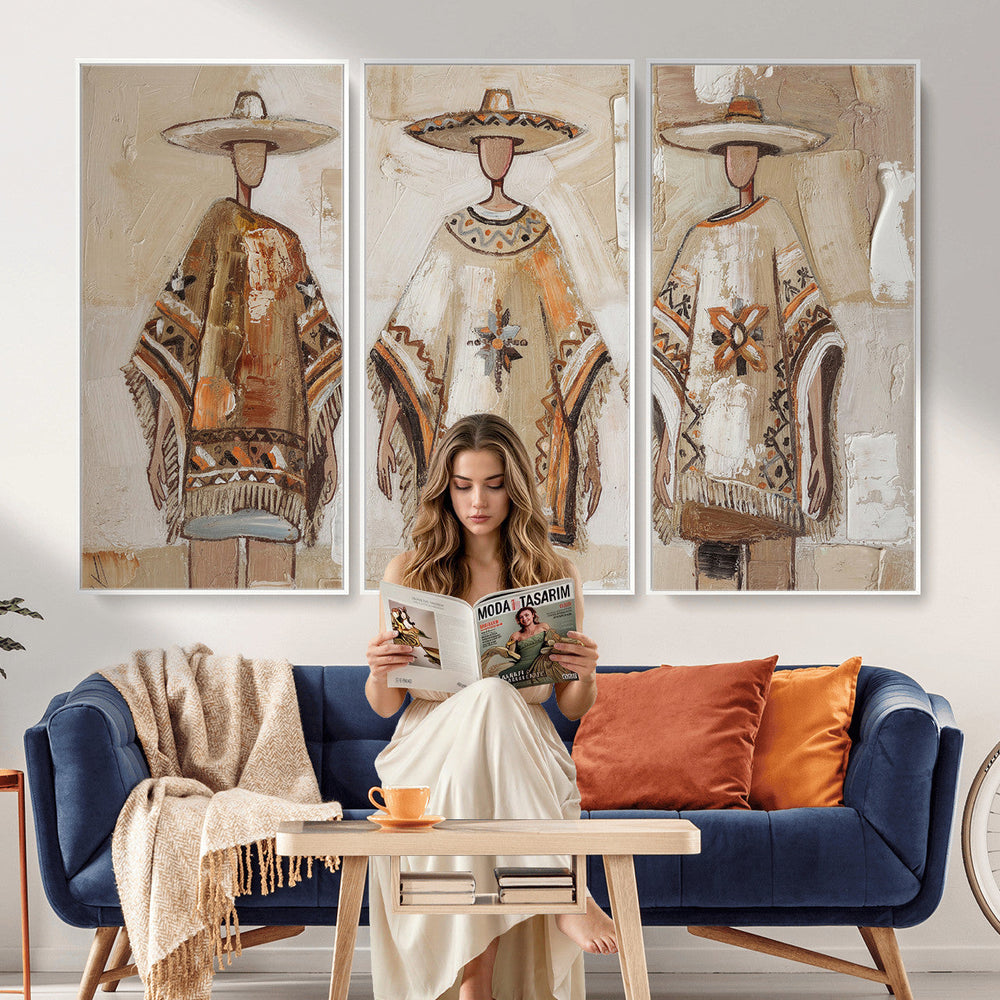 Mexican Folk Art Canvas Wall Art, Charro Poncho Sombrero Painting Print, Neutral Beige Boho Decor, Southwestern Impasto Style, Living Room Art