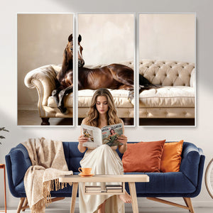 Funny Horse on Sofa Canvas Wall Art, Quirky Horse Lounging Photo Print, Whimsical Animal Decor, Living Room Conversation Art, Horse Lover Gift