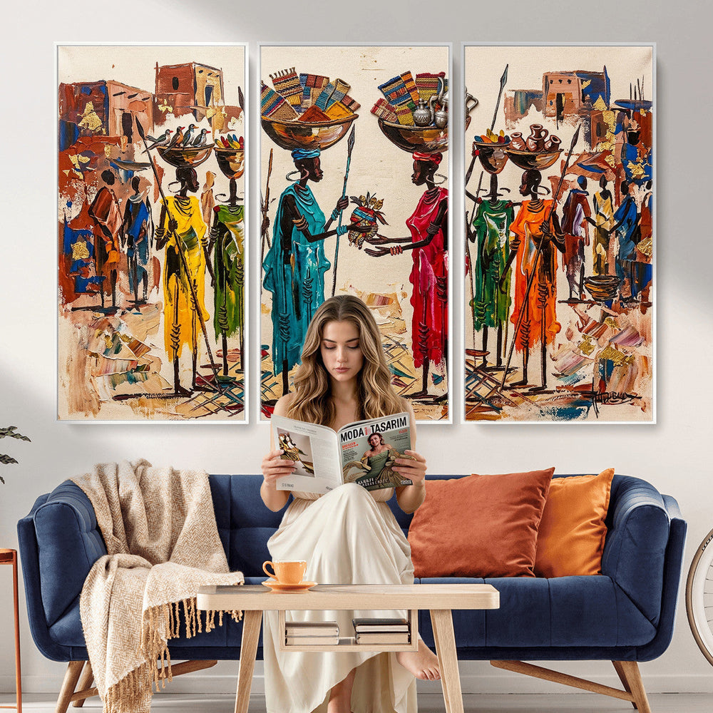 African Folk Art Canvas Wall Art, Colorful African Women Village Painting Print, Tribal Ethnic Home Decor, Vibrant African Art, Living Room
