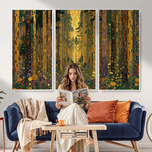 Gustav Klimt Style Forest Canvas Wall Art, Golden Forest Path Floral Art Nouveau Print, Enchanted Woodland Decor