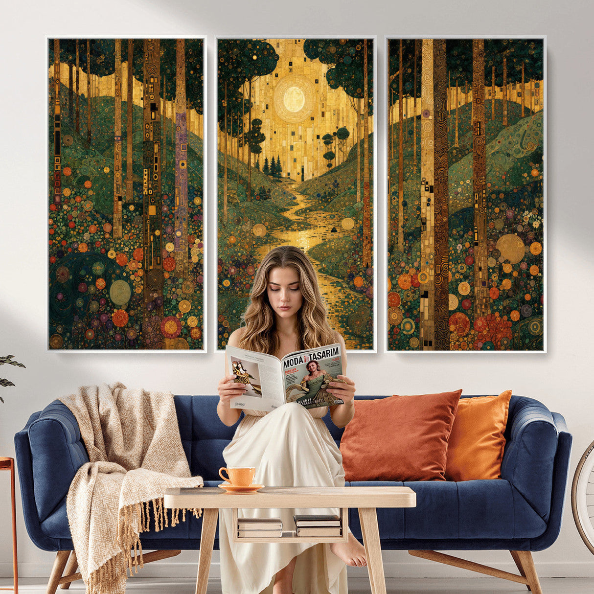 Gustav Klimt Style Forest Canvas Wall Art, Golden Forest Path Floral Art Nouveau Print, Enchanted Woodland Decor