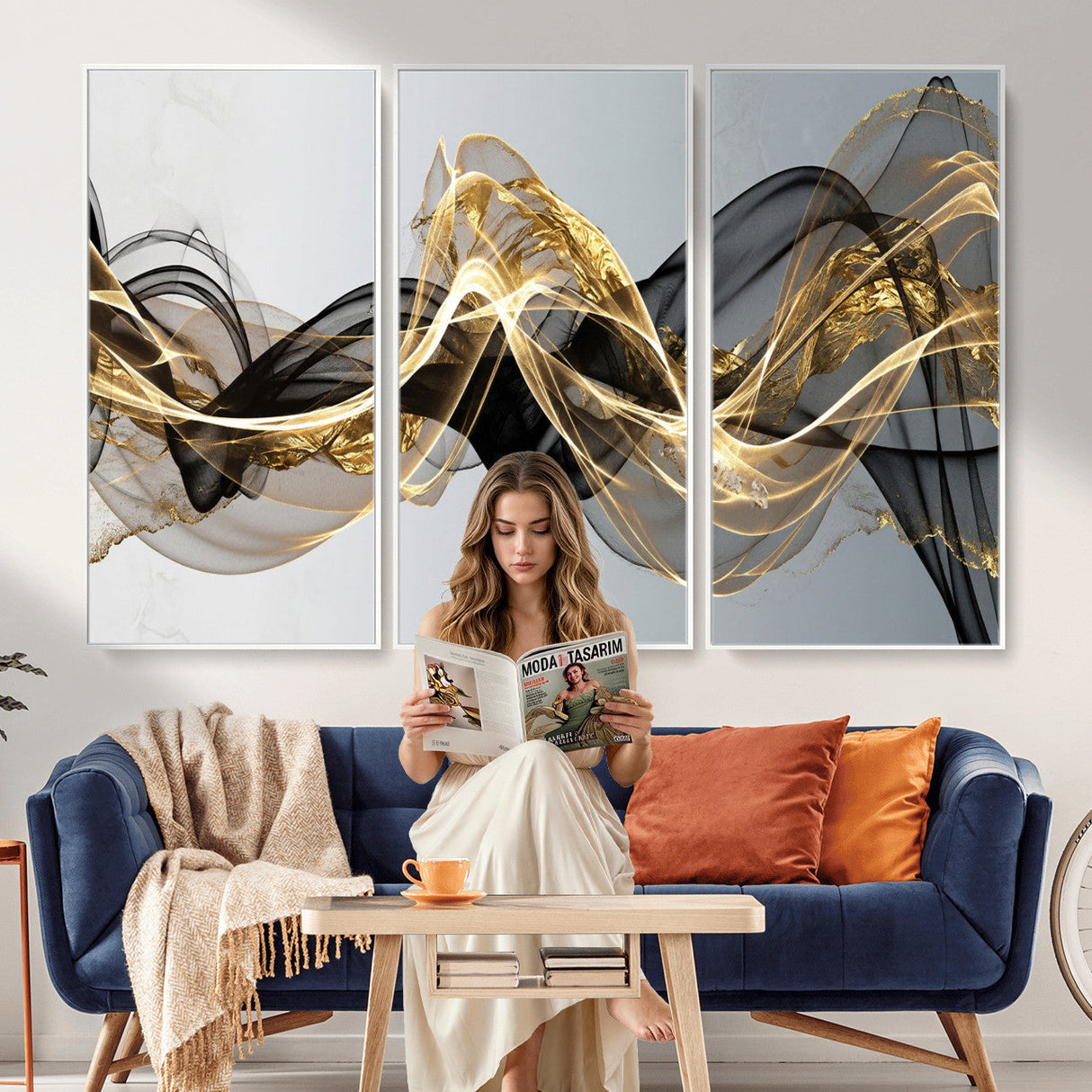 Black and Gold Abstract Wall Art, Modern Wave Canvas Print, Elegant Flowing Smoke Art, Luxury Living Room Decor