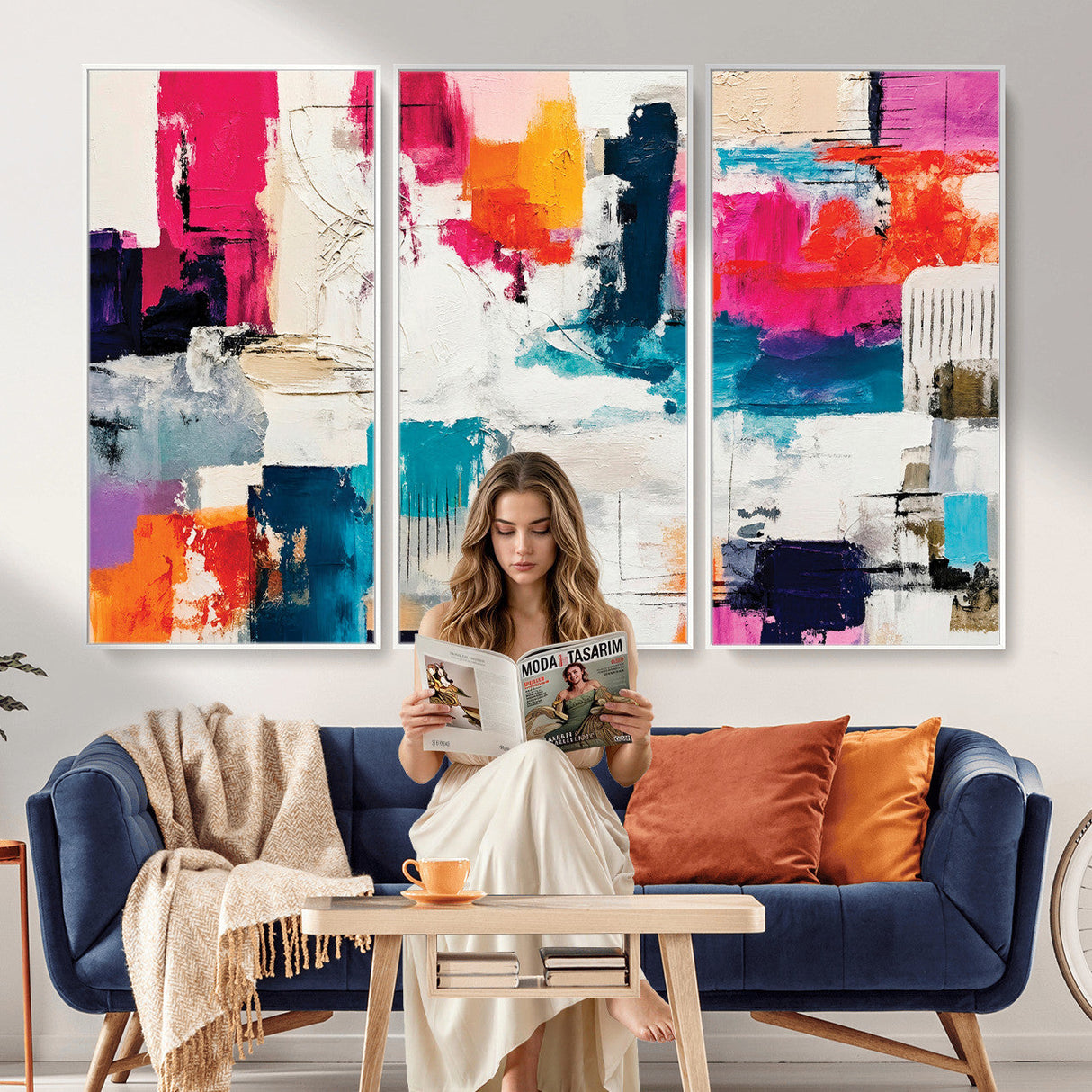 Blue Teal Abstract Canvas Wall Art, Modern Textured Painting Print, Navy Orange White Contemporary Art, Neutral Living Room Decor, Office Art