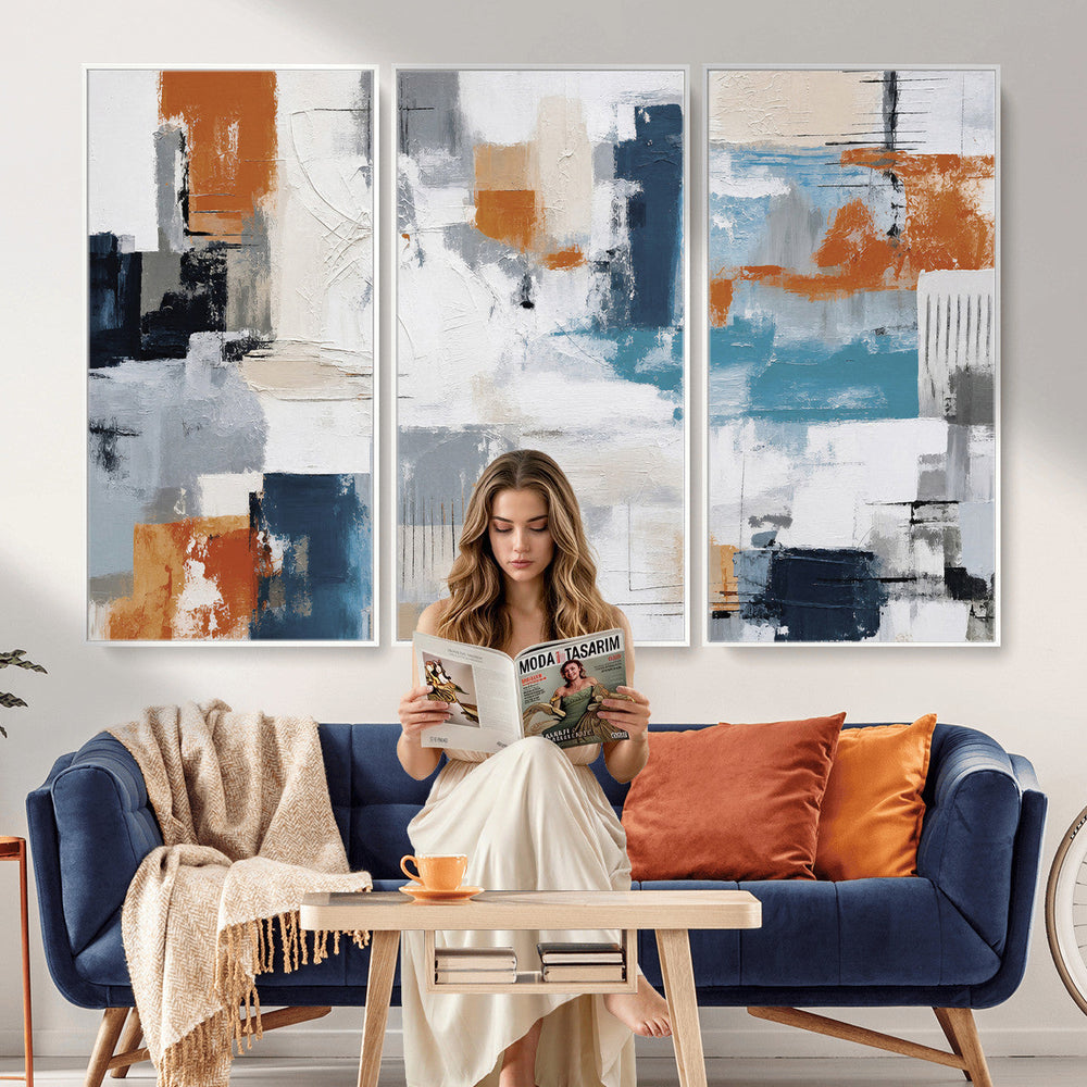Blue Teal Abstract Canvas Wall Art, Modern Textured Painting Print, Navy Orange White Contemporary Art, Neutral Living Room Decor, Office Art