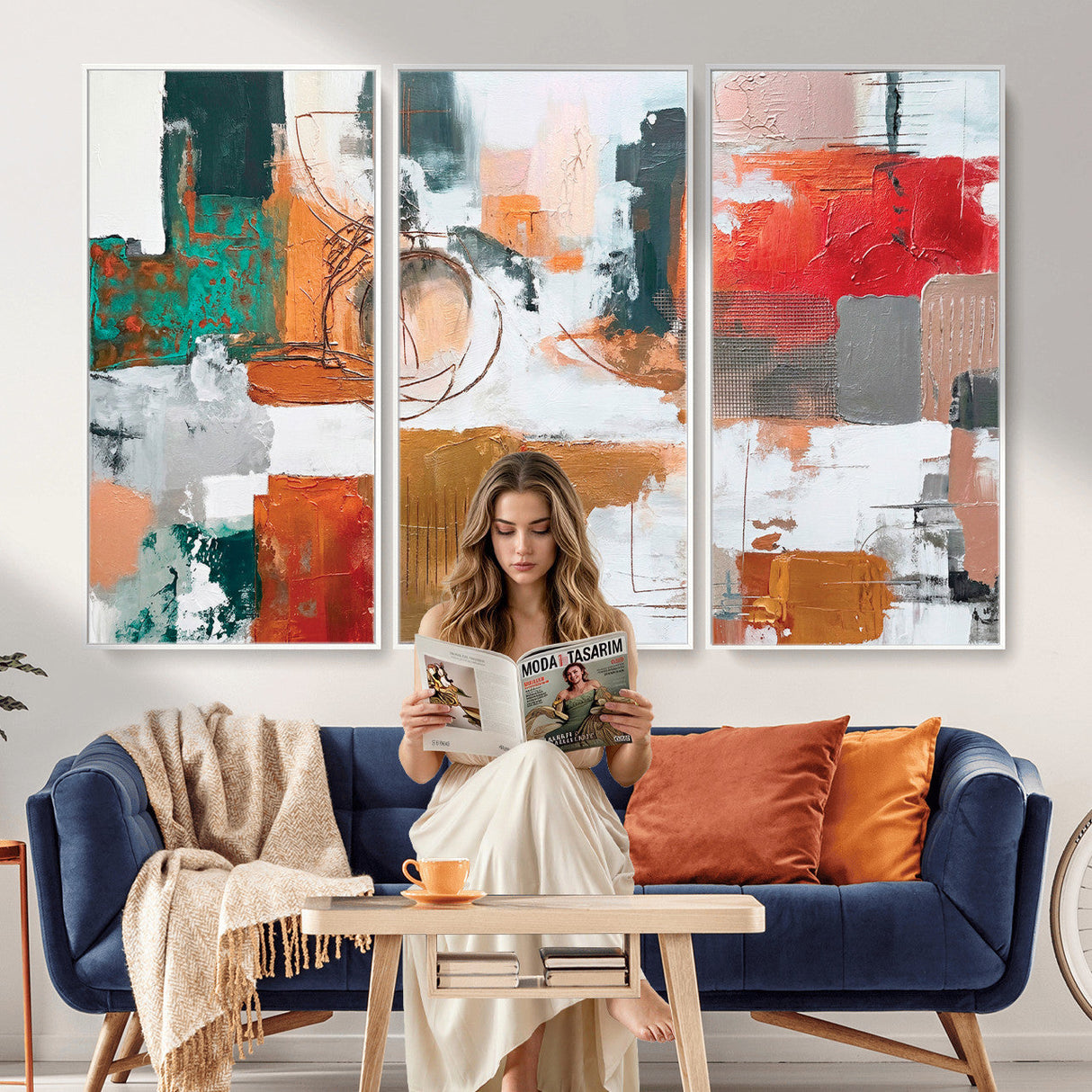 Blue Teal Abstract Canvas Wall Art, Modern Textured Painting Print, Navy Orange White Contemporary Art, Neutral Living Room Decor, Office Art