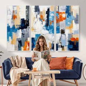 Blue Teal Abstract Canvas Wall Art, Modern Textured Painting Print, Navy Orange White Contemporary Art, Neutral Living Room Decor, Office Art