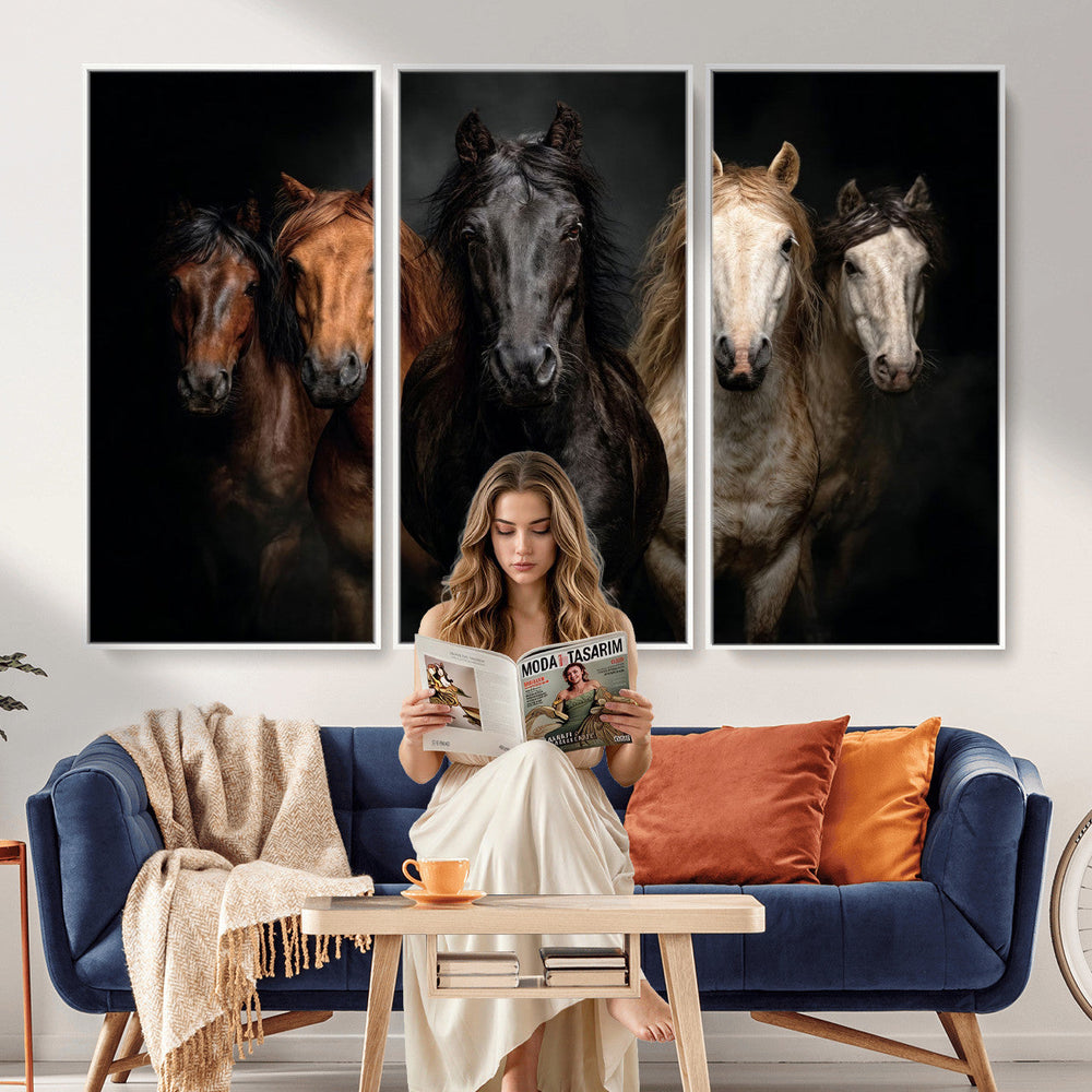 Horse Wall Art Canvas Print, Wild Horses Portrait Photography, Dramatic Equestrian Decor, Black Brown White Horse Herd, Rustic Ranch Art