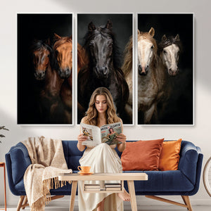Horse Wall Art Canvas Print, Wild Horses Portrait Photography, Dramatic Equestrian Decor, Black Brown White Horse Herd, Rustic Ranch Art