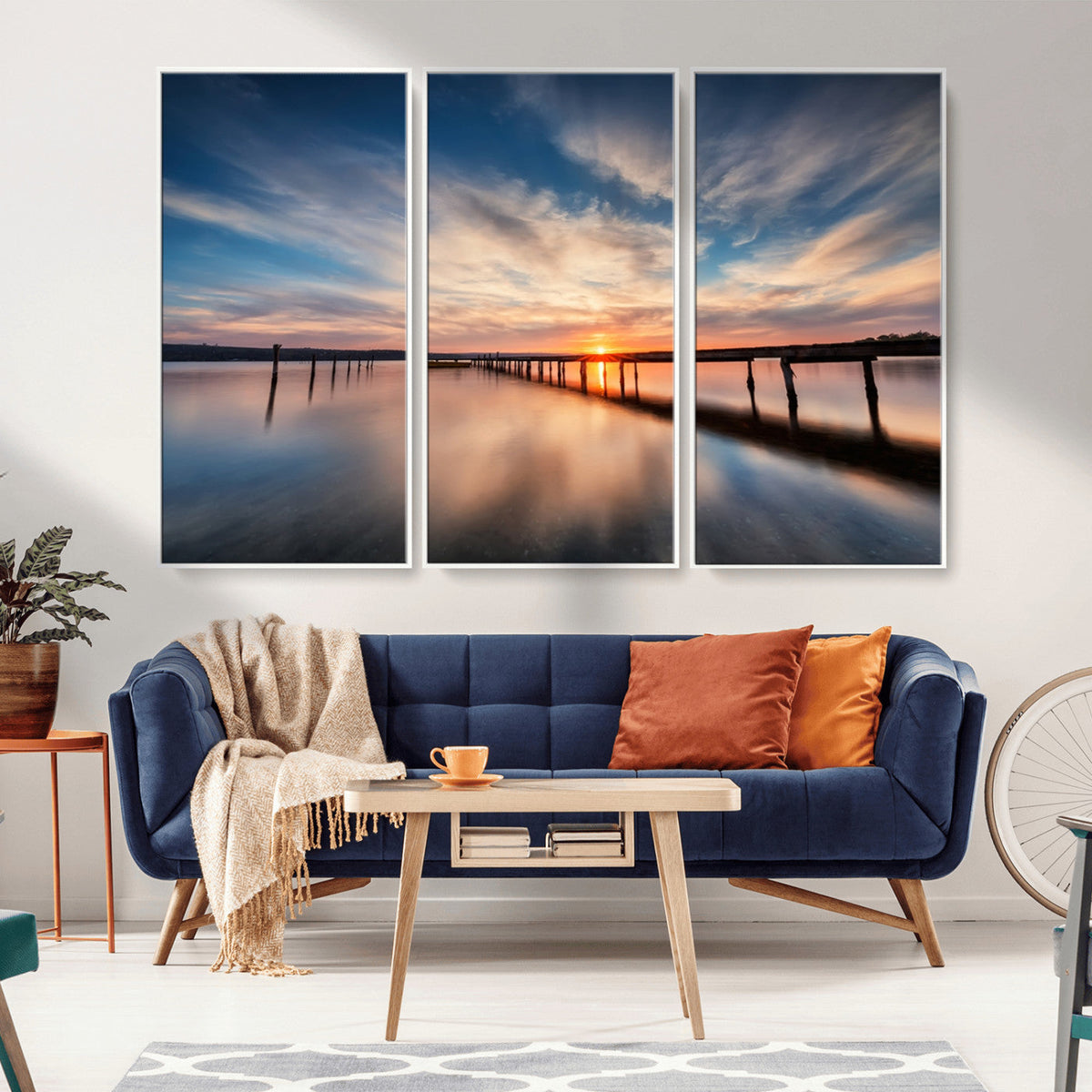 Wooden Pier on Seascape and Sunset Wall Art Canvas Print