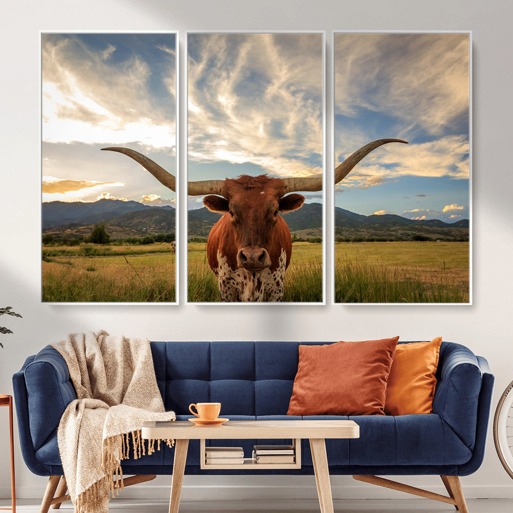 Texas Longhorn Canvas Wall Art – Majestic Triptych Animal
