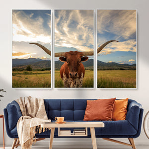 Texas Longhorn Canvas Wall Art – Majestic Triptych Animal