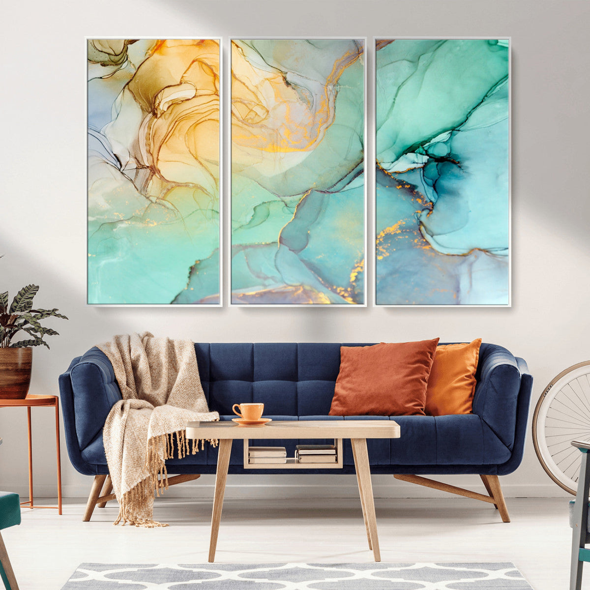 Abstract Aqua and Gold Fluid Wall Art Canvas | 3 Panel Large
