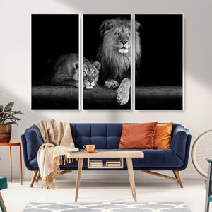 Large Black and White Lion Couple Wall Art Canvas Print –