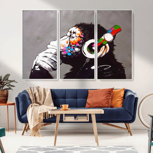 Dj Monkey Listening to Music Wall Art Print | Banksy Monkey