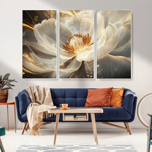 Gold Floral Wall Art Canvas Print, Framed Modern Flower Art