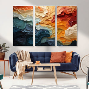 Blue Orange Abstract Wave Wall Art Canvas Print, Framed Blue