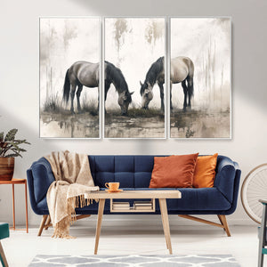 Chines Ink Style Vintage Horses Wall Art Canvas Print for