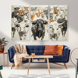 Farmhouse Wall Art | Western Longhorn Cattle Canvas Print |