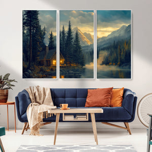 Mountain Cabin by the Lake at Sunset Wall Art - Serene