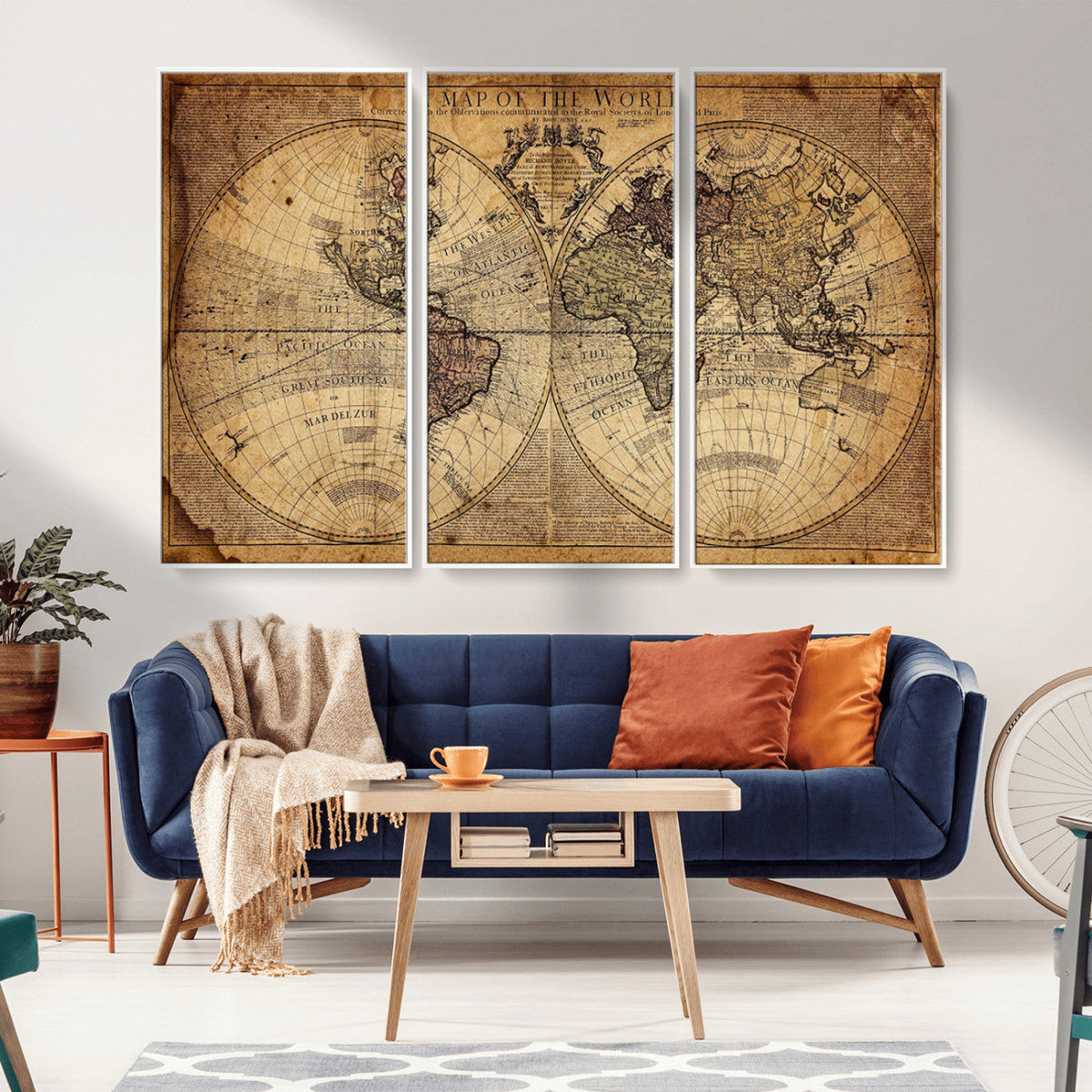 Vintage World Map Wall Art Canvas – Antique Style Push Pin