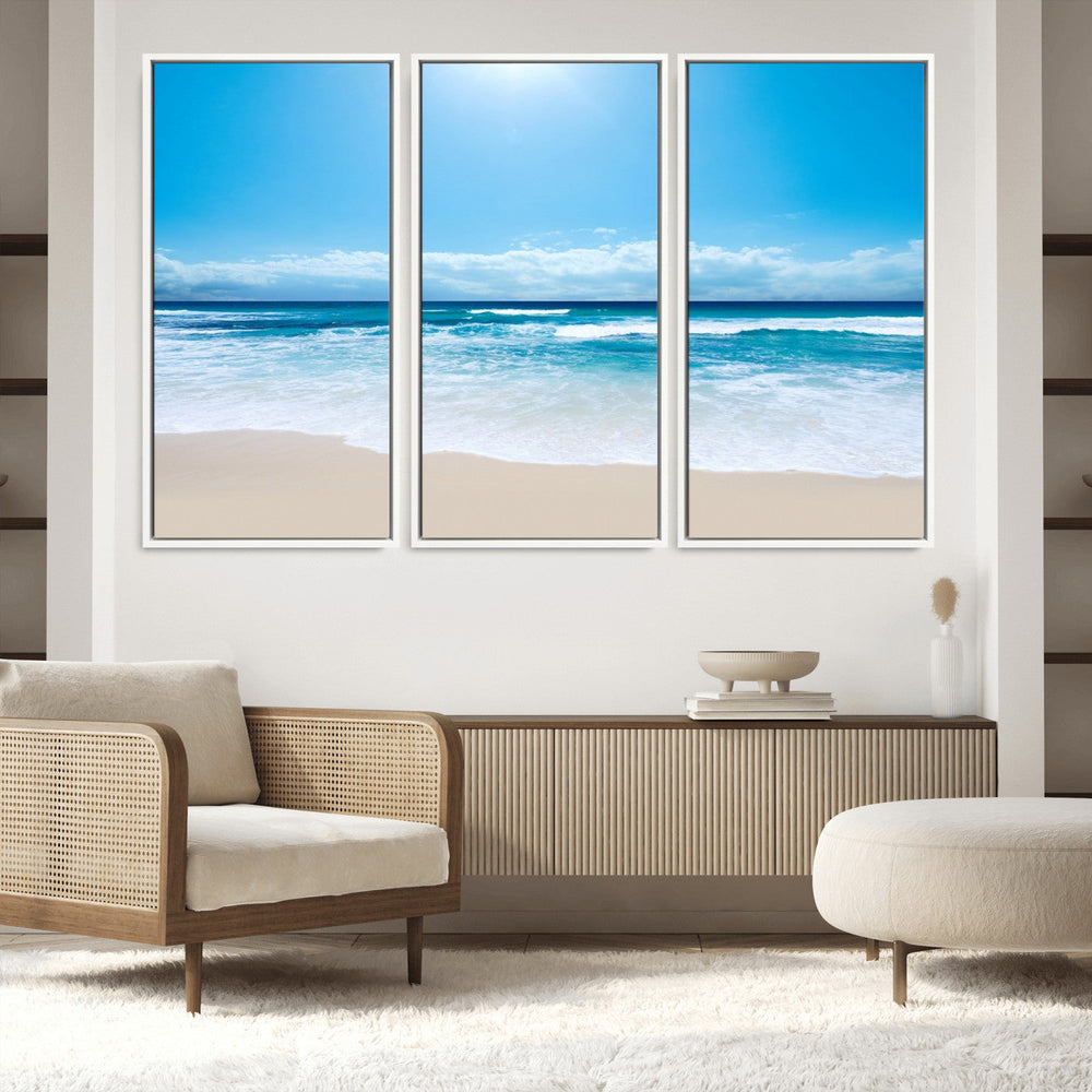 Wall Art Canvas Print Shiny Blue Sea and Beach
