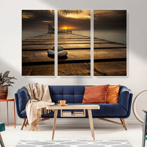 Stones on Wooden Pier at Sunset Canvas Print, Serene Coastal