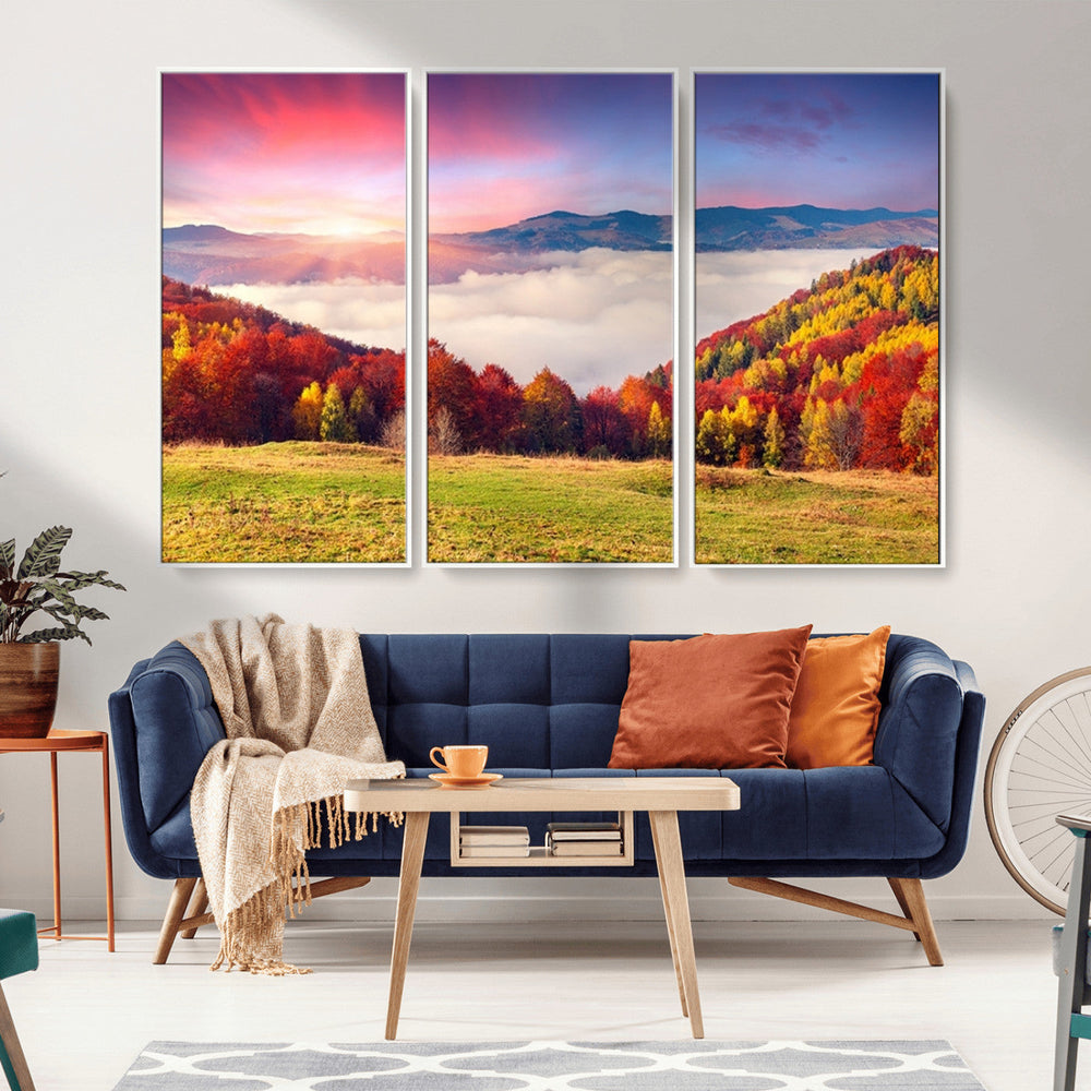 Autumn Mountain Foggy Landscape Wall Art Canvas Print |