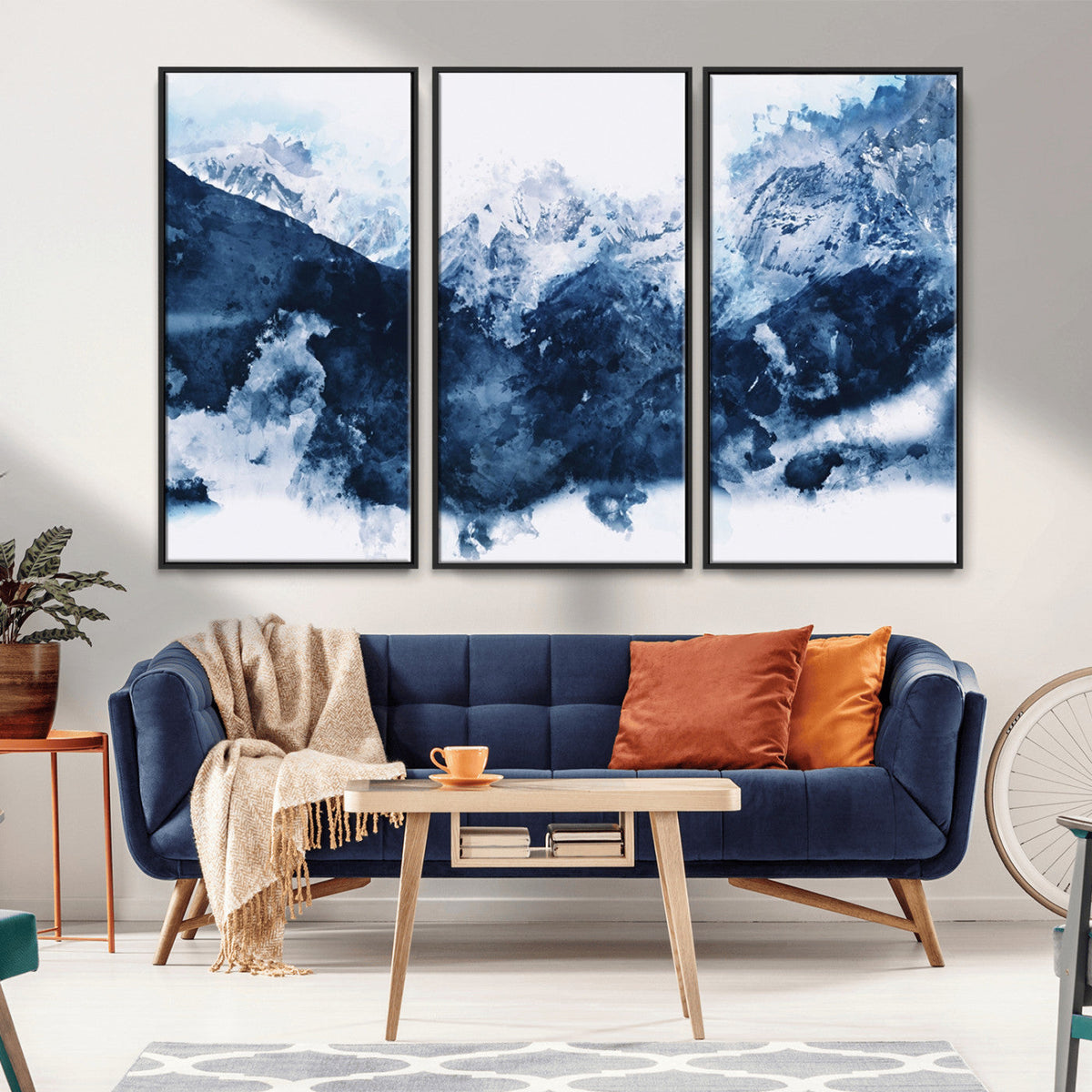 Abstract Blue Mountain Canvas Wall Art – Modern Triptych