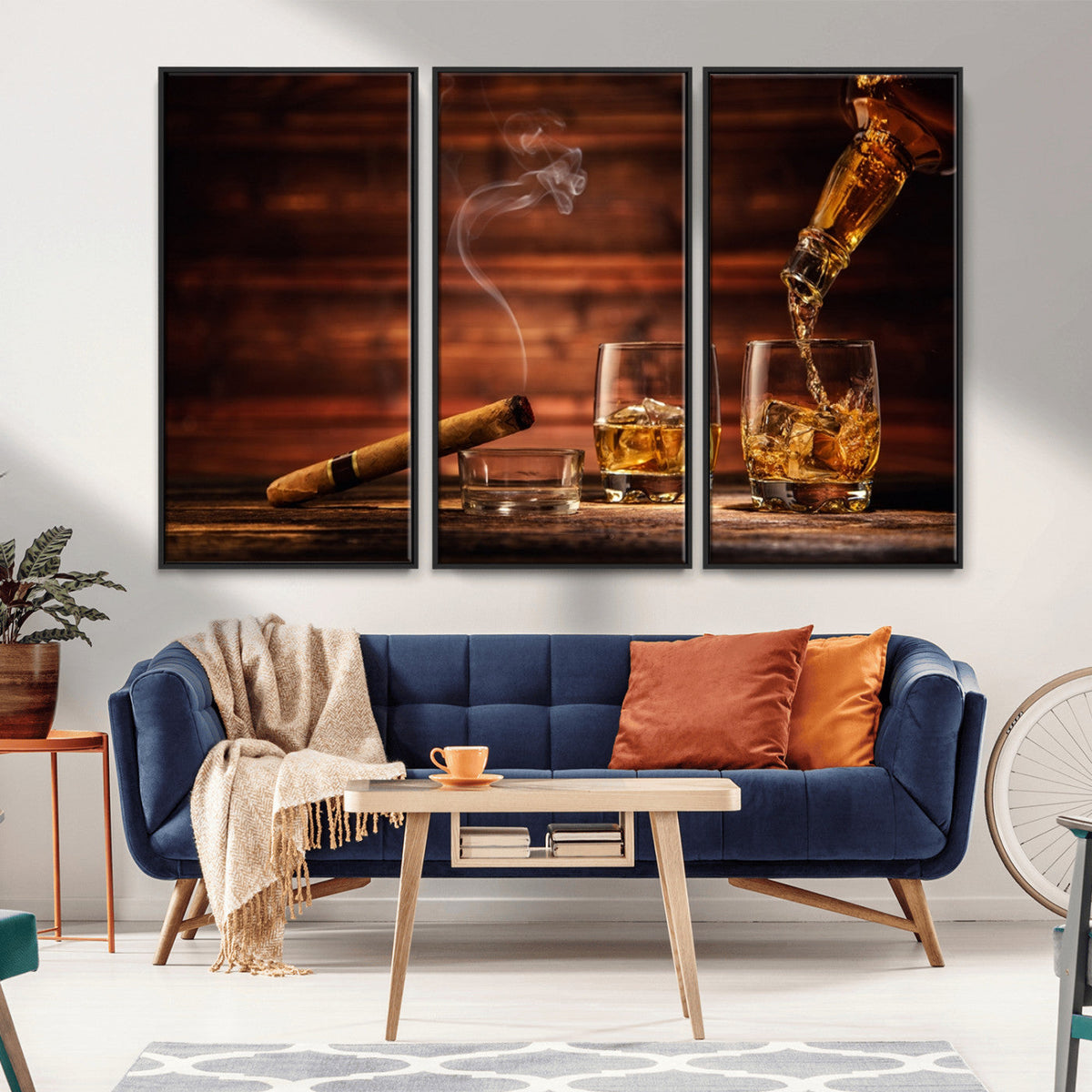 Whiskey and Cigar Wall Art Canvas | 3 Panel Bar Room Decor